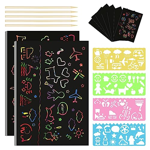 UKOFEW 50 Piezas Papel de Rascar para Niños, Scratch Art Paper, Arte de Rascar para Niños, Scratch Art para Niños, con Plantilla de Pintura, Papel de Rascar para Niños Dibujos, Notas (18,3 x 12,3cm)