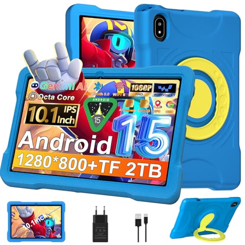 Tablet 10 Pulgadas con 30GB RAM+TF 2TB, Octa-Core 2.0Ghz/GMS, Widevine L1/5G WiFi/Bluetooth 5.0, Juegos Educativos, 5MP+8MP/1280*800, Newest Android 15 tablet Niños con Funda EVA+360° Giratorio, Azul