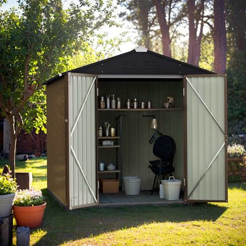 Image of GUNJI 6 x 4 FT Shed Outdoor Storage Shed Metal Garden Shed with Lockable Door Outside Waterproof Tool Shed for Backyard, Patio, Lawn (Brown)