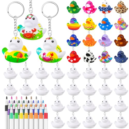 Lenwen 12 Pcs Blank Rubber Ducks Keychain Bulk DIY Summer Rubber Duck with 12 Colored Pens 2.17 Inch Squeaky Duck Keychain
