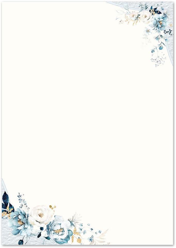 50 Sheets Letter Paper Blue Flowers DIN A5 210 x 148 mm 90 g/m  Floral Motif
