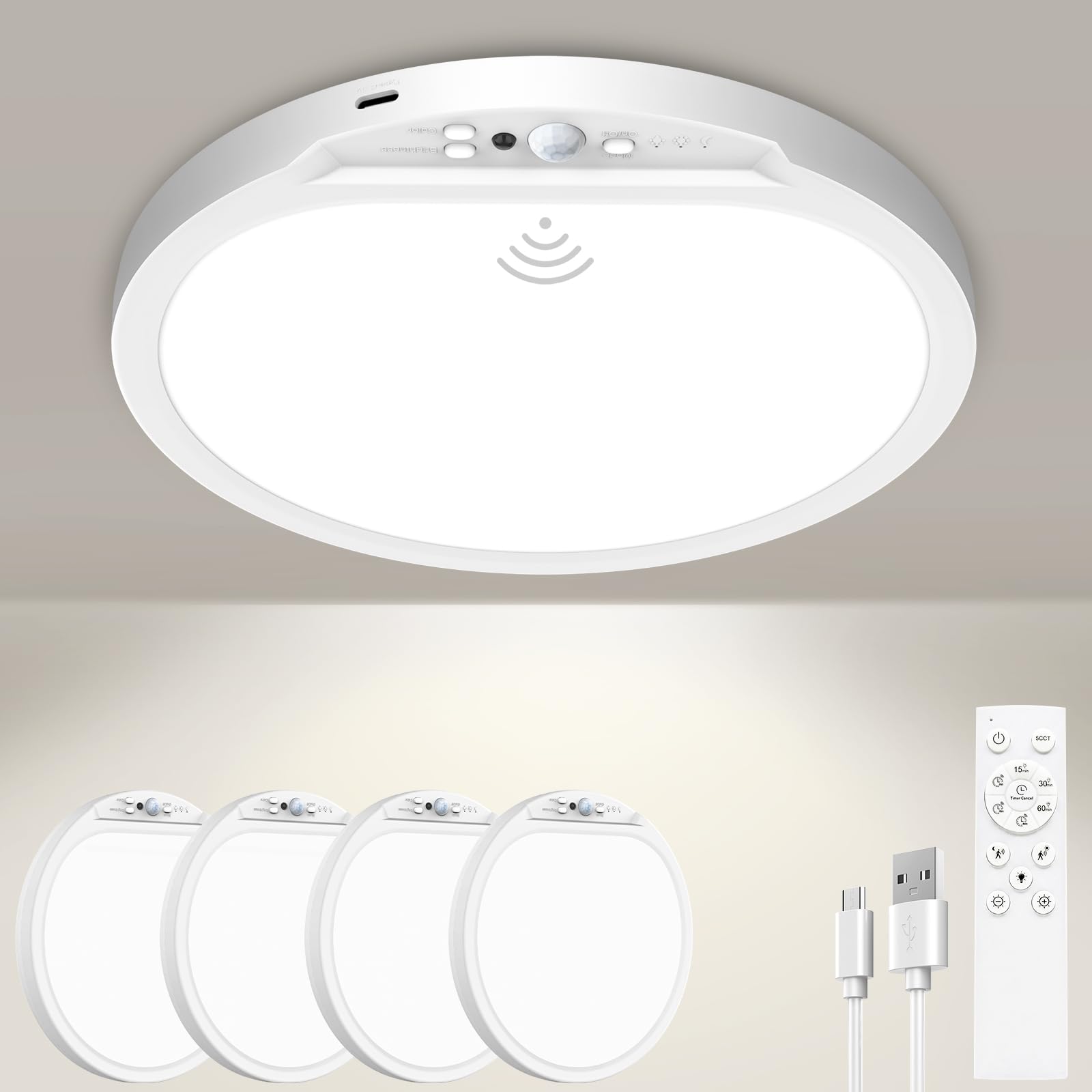 sloch 4 Pack Rechargeable Motion Sensor Ceiling Light, 8000mAh 5 Color Ceiling Lights Battery Operated Magnetic Wireless with Remote, Dimmable&Timer Sensor Lights for Hallway Cupboard Garage