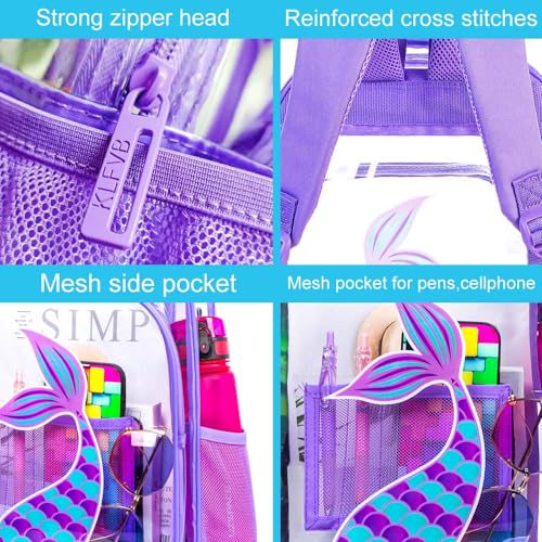 Image of AGSDON 3PCS Clear Backpack for Girls, Kids Mermaid Transparent Bookbag Heavy Duty, Cute See Through Backpacks with Lunch Bag - Purple