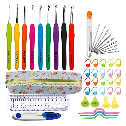Fuman Forest 48 PCS Crochet Hooks Setï¼ Ergonomic Handle Crochet Hooks Needles for Arthritic Hands ï¼Silicone Handle Extra Long Crochet Needles,Fuman-035