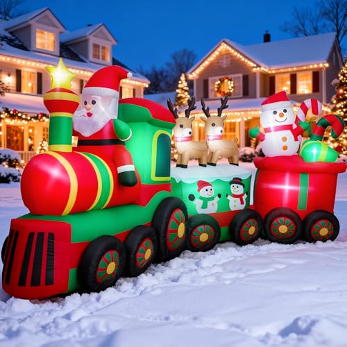 Thuodo 11 FT Long Christmas Inflatables Train with Santa Claus Reindeer Snowman Outdoor Decorations Blow Up Yard with Built-in LEDs for Lawn Garden Holiday Indoor Party Decor