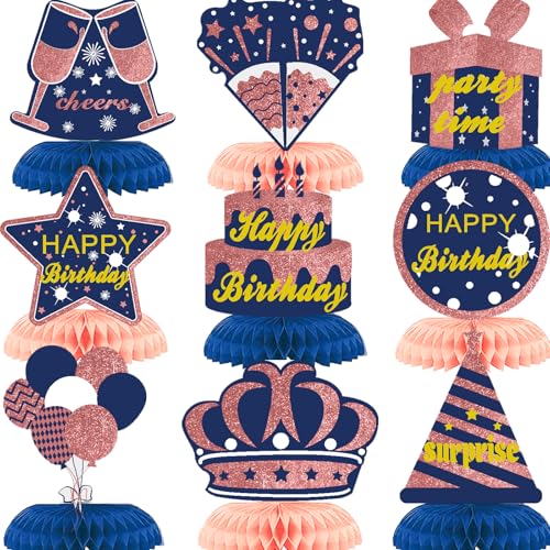 50% Off Blue Rose Gold Birthday Honeycomb Decorations - 9PCS Set