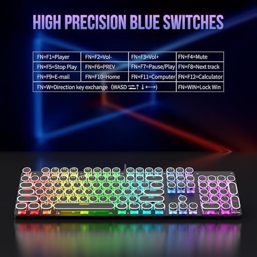 Gaozen Typewriter Mechanical Gaming Keyboard with RGB Backlit Red Switches, 104 Keys Retro Round Keycap, Wired Typewriter Style Comfortable Typing Soud (R-Black) by Gaozen - Image 5