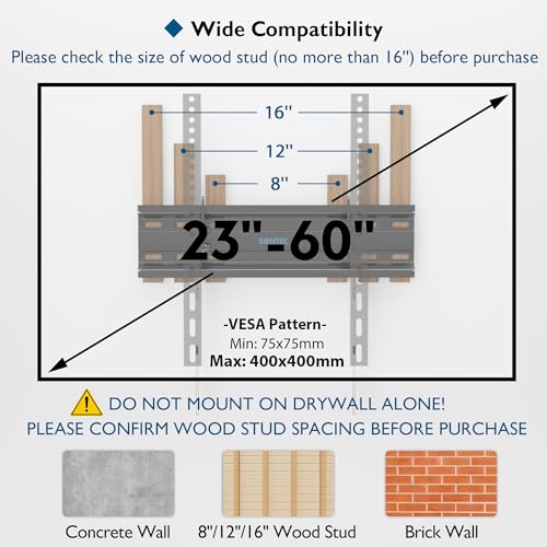 BONTEC TV Wall Mount Tilting for 23-60 inch TVs, Low Profile Design, Max VESA 400x400mm, Holds up to 115lbs, TV Mount for LCD LED OLED Flat Screens, Fixed Ultra Slim Bracket Fits 16" Studs by BONTEC - Image 2