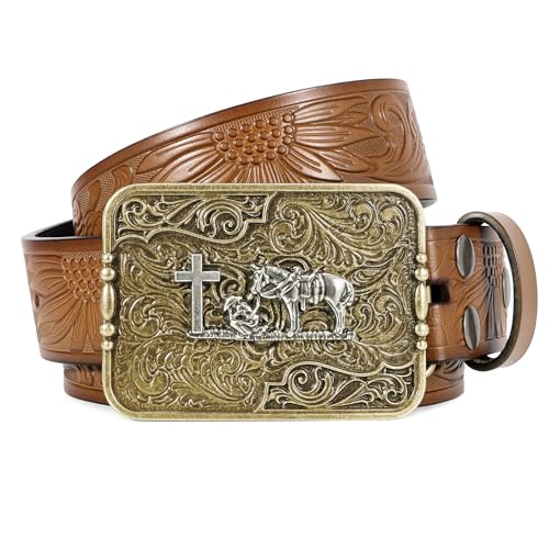 Cowboy Cowgirl Belt Embossed Leather Belt - Country Belt for Men Women