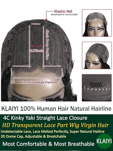 Image of KLAIYI 4C Kinky Yaki Straight Lace Front Wigs Human Hair HD Transparent Lace Closure Wigs for Black Women 12A Brazilian Virgin Hair Pre Plucked with Baby Hair 180% Density Full Natural Hairline 24Inch