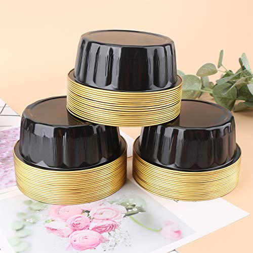 Disposable Baking Ramekins, Beasea 8 Oz 100 Pack 3.9" Aluminum Foil Cups Bake Utility Ramekin Cup Souffle Cup Muffin Cupcake Baking Cup Mini Pudding Cups For Party Wedding Birthday - Black Gold #TOP4