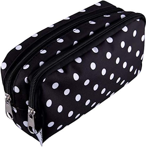 SIQUK Pencil Case Black with White Dot Large Capacity Pen Case Double Zippers Pen Bag Office Stationery Bag Cosmetic Bag with Compartments for Girls Boys and Adults