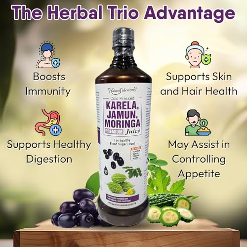 Image of Hakim Suleman's Cold Pressed Karela Jamun Moringa Juice - Natural Herbal Drink, Supports Blood Sugar & Immunity, No Added Sugar, Preservatives or Artificial Flavours - 900 ml (Pack of 2)