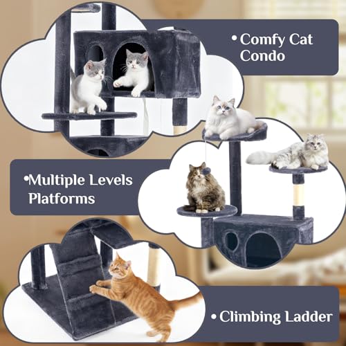 Image of Sweetcrispy 80 Inch Cat Tree Tower, Multi-Level with Cat Scratching Post, Indoor Cat Condo with Climbing Ladder, Plush Toy, Play House for Cat, Dark Grey