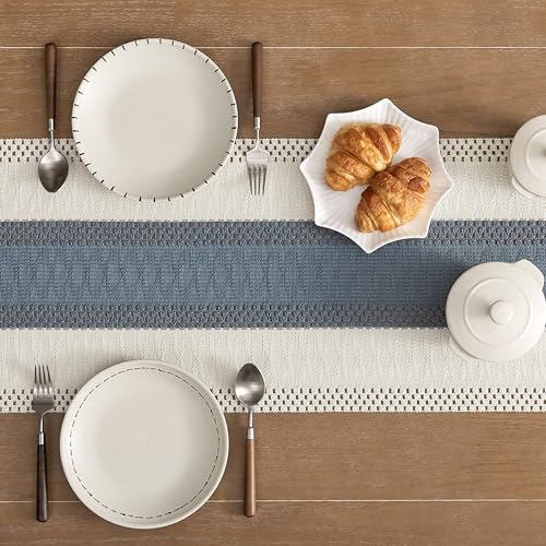 Image of ZeeMart Macrame Style Bicolor Stitching Table Runner, 14 x 72 Inch Navy /Ivory, Boho Navy Blue Table Runners 72 Inches Long, Farmhouse Woven Home Decor