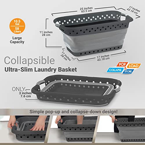 Image of Pop & Load Collapse & Store 1 Large 25 inch Slim Collapsible Plastic Laundry Basket, Space Saving Portable Pop Up Storage & Organization Basket, 3 inch High When Folded, Dual Comfort Grip Handles, Black