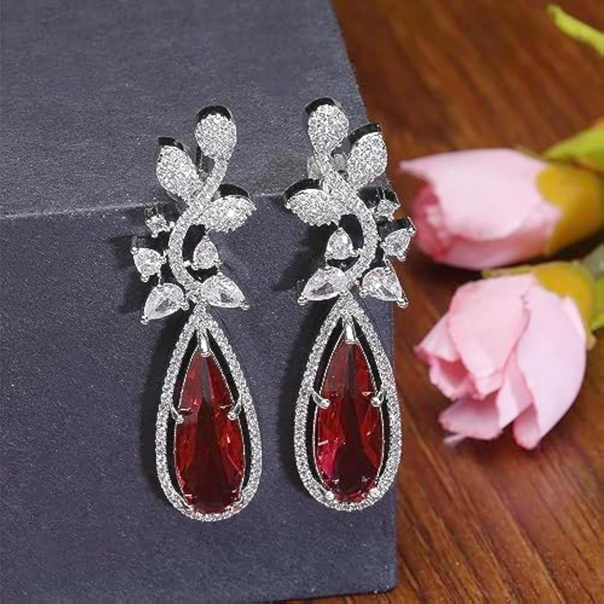 Rhodium-Plated Teardrop & Leaf Drop Earrings