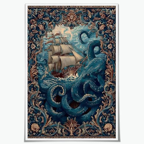 Boho Vintage Ocean Wall Art Fantasy Kraken Ship Artwork Poster Gothic Maritime Aesthetic Octopus Canvas Print for Office Dorm Bedroom Home Wall Decor Unframed12x18inch