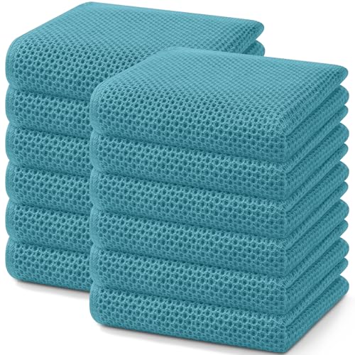 Image of Homaxy 100% Cotton Waffle Weave Kitchen Dish Towels, Ultra Soft Absorbent Quick Drying Cleaning Towel, 13 x 28 Inches, 12-Pack,Lake Blue