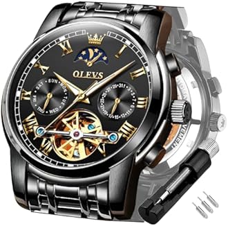 OLEVS Men Automatic Watch Skeleton 5 Hands Mechanical Classic Luxury Multi Calendar Stainless Steel Waterproof Wrist Watch for Men
