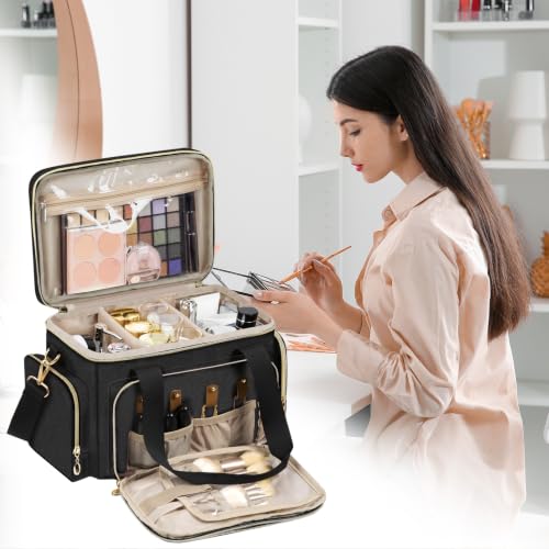 Image of GDNasist Large Makeup Bag, Portable Travel Makeup Bag Organizer | Cosmetic Travel Bag for Women Girls with Removable Shoulder Strap & Detachable Dividers, Toiletry Bag for Makeup Black