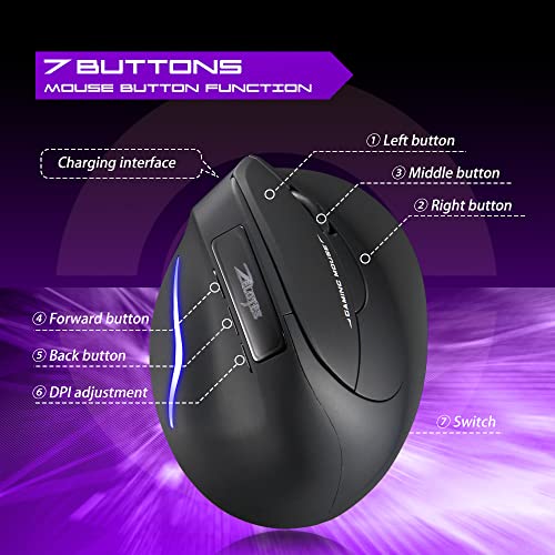 Zelotes Vertikale ergonomische kabellose Maus, optische USB-wiederaufladbare Maus, 2400 DPI, 6 Tasten Mäuse für Laptop, PC, (schwarz) – Bild 7