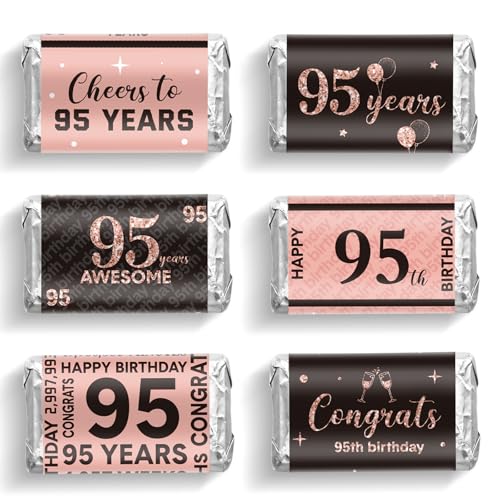 Tenare 90 Pcs 95th Birthday Candy Bar Wrappers Black and Pink Stickers Chocolate Decoration Label Mini Candy Label Stickers for Women Anniversary Birthday Party Supplies