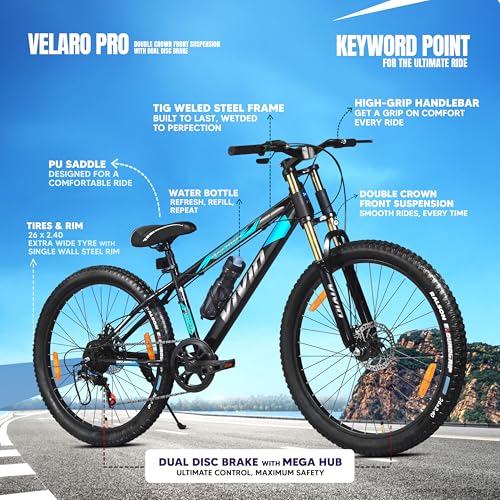 Image of Leader Vivid Velaro Pro Double Crown Suspension 26T 7 Gear Cycle for Men | Strong Steel Frame & Dual Disc Brakes with Mega Hub | MTB Bicycle for Off-Road & City Riding Ideal for 13+ Yrs - Black
