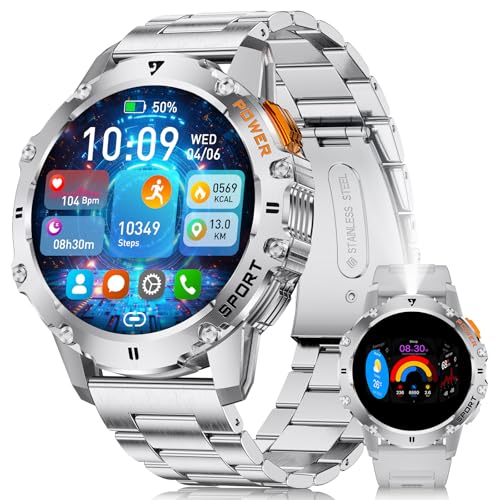 BENYAR SMART EF8 Smartwatch Uomo con Torcia, 1.43" AMOLED, Impermeabile IP68, 110 Modalità Sportive, Monitoraggio Battito Cardiaco e Sonno, Contapassi, Notifiche Chiamate, per Android iOS, Argento