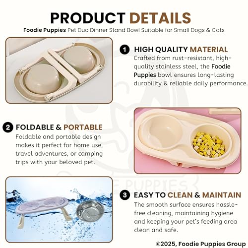 Image of Foodie Puppies Pet Duo Dinner Stand Bowl - (Beige) | Stainless Steel Foldable Stand Bowl for Food & Water | Suitable for Cats, Puppies and Small Dogs | Elevated Feeding Station for Healthy Digestion