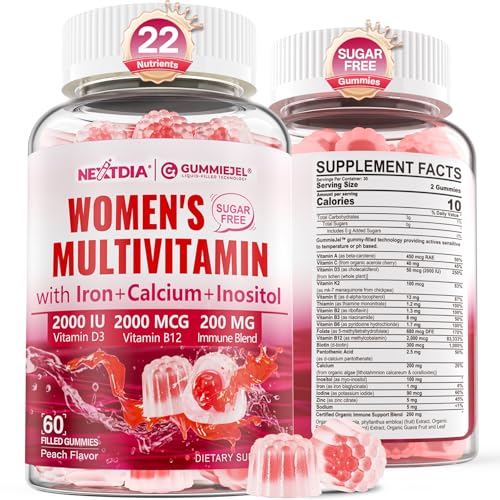 Methylated Multivitamin for Women Gummies, Calcium, D3 K2, Methylfolate & B12, Inositol, Daily Vitamin A, C, E, B Complex, Biotin, Iron - Energy, Immune, Bone, Skin, Hair - Vegan, Sugar Free, 60 Count