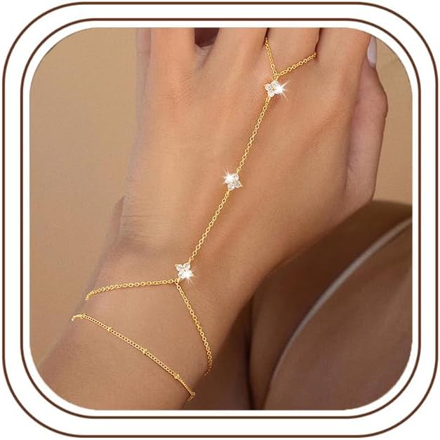 Ursteel 14K-Gold-Plated Hand Chain Bracelet for Women, Dainty Ring Bracelet Hand Chain Cubic Zirconia Clover Butterfly Cross Heart Finger Bracelets Jewelry Gifts for Women