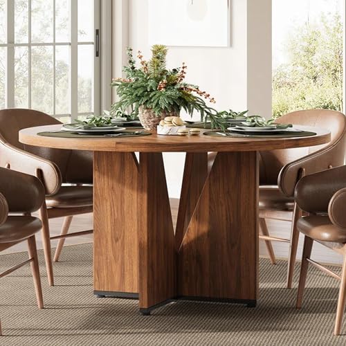 LIKEMET 47 Inch Round Dining Table, Wooden Dinner Table for 4, 1.2-inch Thick Tabletop and Legs, Kitchen Tables with Cross Base for Dining Room, Kitchen, Living Room, Walnut(Table Only)