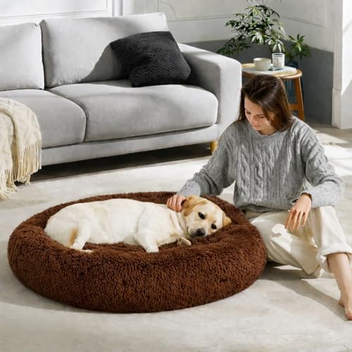 Image of ZEXSAZONE Summer Round Donut Pet Bed for Cats and Puppies Dogs Mat Cozy and Plush Raised Bedside Support Both Sides Use Like 2 in One Washable Sizes for Small Medium and Large Pets Brown Large