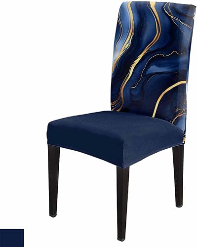 Miniatura 1 de Juego de 6 fundas elásticas para sillas de comedor con diseño de mármol azul marino y amarillo, fundas protectoras elásticas para sillas de cocina,