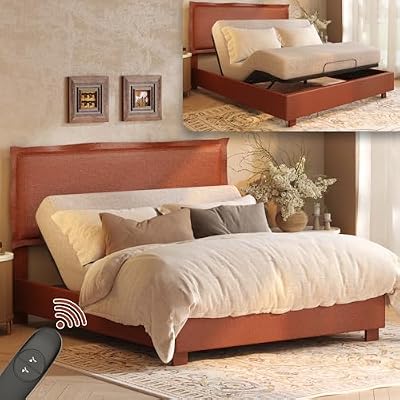 FLEXISPOT All-In-One Adjustable Bed Frame with Upholstered Flange Edge Headboard, Queen – Minimalist Design – Synchronized Head & Foot Lift for Relaxation– 600 lbs – 5Y Motor&10Y Frame Warranty,Orange
