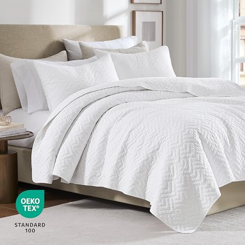 Image of palassio White 100% Cotton Quilt California Cal King Size Bedding Sets with 2 Pillow Shams, Oversized Lightweight Textured Farmhouse Bedspread Soft Shabby Chic Coverlet for All Season, 3 Pieces
