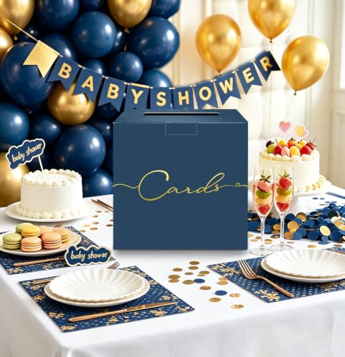 Image of HEIPINIUYE Navy Blue Wedding Card Box with Gold Foil 9.8 inch x 9.8 inch Navy Large Gift Card Box for Party Wedding Reception Graduation Birthday Baby Shower Cardboard Raffle Envelope Box with Slot