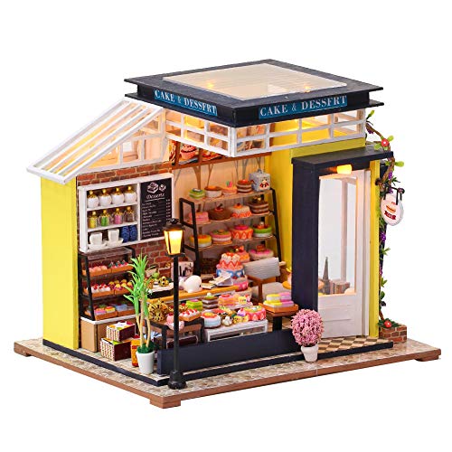 ROOMLIFE ROBOX Miniature Dollhouse DIY Kits 1/24 Scale Mini House Wooden Craft Models Miniature House Kit Cake Shop Model Building Kit with Furniture?Dust Cover and Led Light
