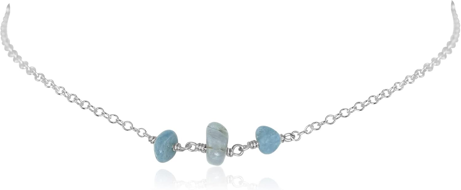 Aquamarine Beaded Chain Choker in Sterling Silver