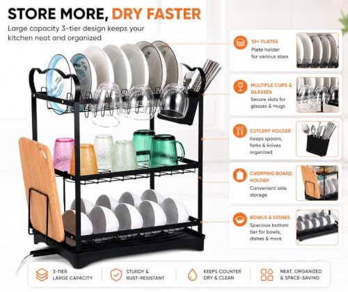 Image of Dish Drying Rack, 3 Tier Dish Rack with Drainboard and Cutlery Holder, Cutting Board Holder, Large Capacity Dish Drainer for Dishes, Bowls, Cups, Kitchen Counter (SS-09)