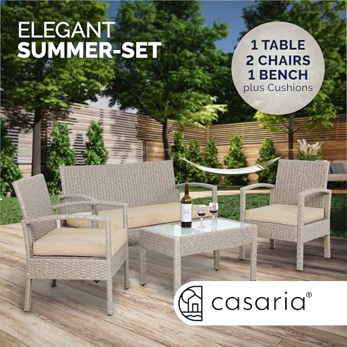Casaria® 7Pc Weatherproof Polyrattan Garden Furniture Set | Suitable For Up To 4 People | Outdoor Patio Seating Group With 2 Armchairs, Bench, 3 Cushions, & Frosted Glass Top Table | Cream - 6