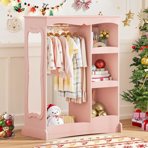Curipeer Kids Dress Up Storage with Flower Mirror, Open Hanging Closet Wardrobe for Children, Kids Armoire & Costume Organizer for Bedroom Playroom Preschools Classroom, Pink