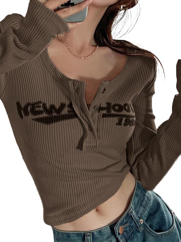 Image of Womens Lace Long Sleeve Top Paneled Henley Shirts Y2k 2000s Fitted Going Out Tops Blouse