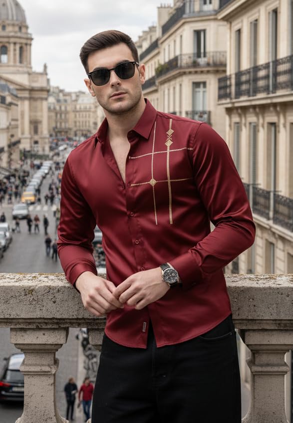 Image of IndoPrimo Men's Premium Satin Shirt for Party, Formal and Casual Wear - Stylish Designer Full Sleeve Shirt for Men