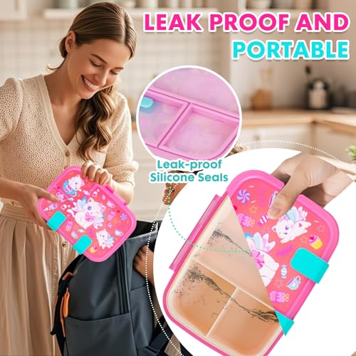 Image of Cute Cartoon Bento Lunch Box for Kids, 800ml /27oz BPA-Free Leak-Proof Food Containers with 3 Compartments, Dishwasher Safe, Back to School Students Lunches Size for Ages 3-7