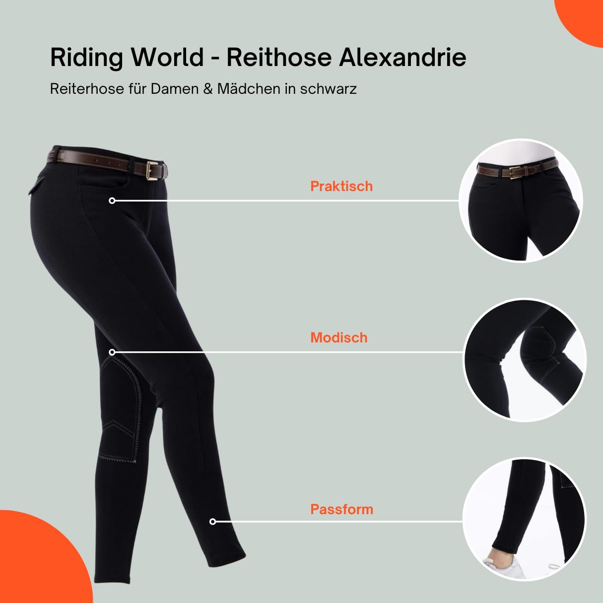 RIDING WORLD - Pantalon d'équitation pour femmes et enfants Alexandrie | Pantalon de cavalier avec renforts en tissu aux genoux | avec poches avant | Legging d'équitation en six couleurs | Vêtement
