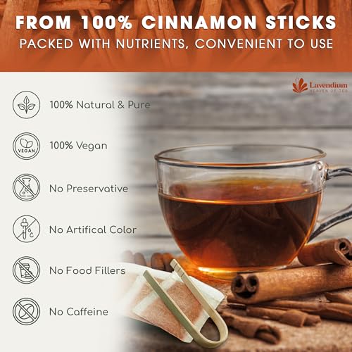Image of Lavendium, Premium 20 Pure Cinnamon Tea Bags, 100% Natural Ceylon Cinnamon, Made with Natural Corn Fiber Tea Bags, No Additives or Preservatives, Caffeine-Free, Perfect for Daily Herbal Tea