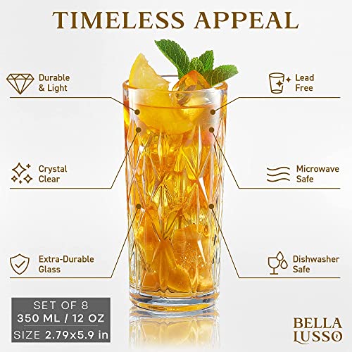 Highball Water Glasses - Tall Drinking Glass Set of 8, 12 oz - Premium Gift Box - Vintage Bar Rock Cups - For Cocktails, Mixed Drinks, Juice, Whiskey