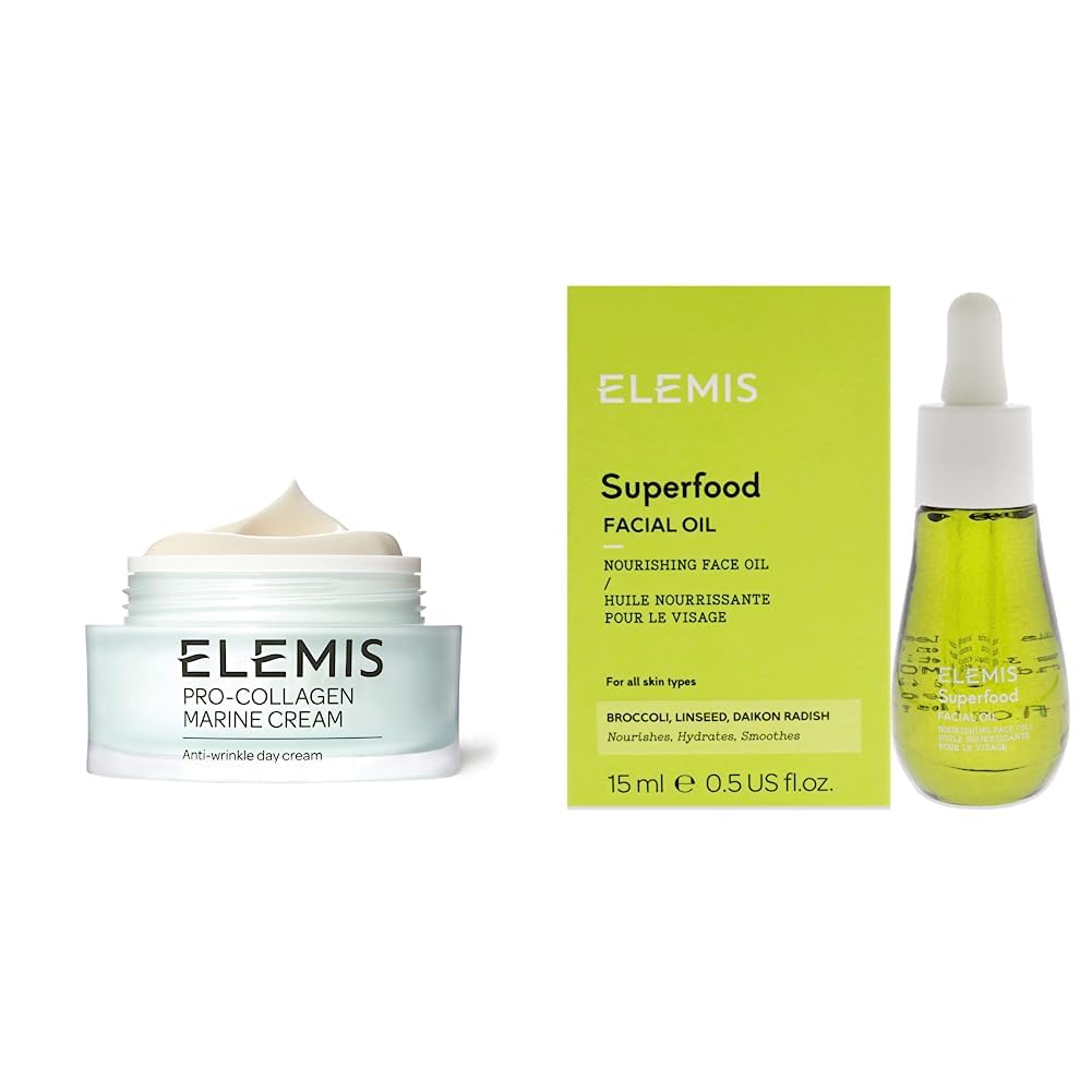 ELEMIS Crème marine pro-collagène, anti-rides, ultra léger,3 en 1, ingrédients actifs réduisant les rides et ridules+ ELEMIS Huile pour le visage à base de superaliments, huile nourrissante
